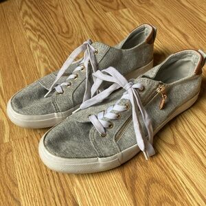 Twisted Slip in and Step out sneakers. Size 9. Gray with brown leather back.